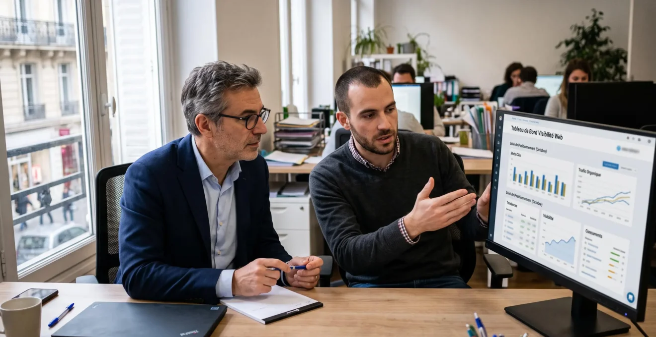Dirigeant et consultant SEO analysant des performances de recherche sans promesse de première position