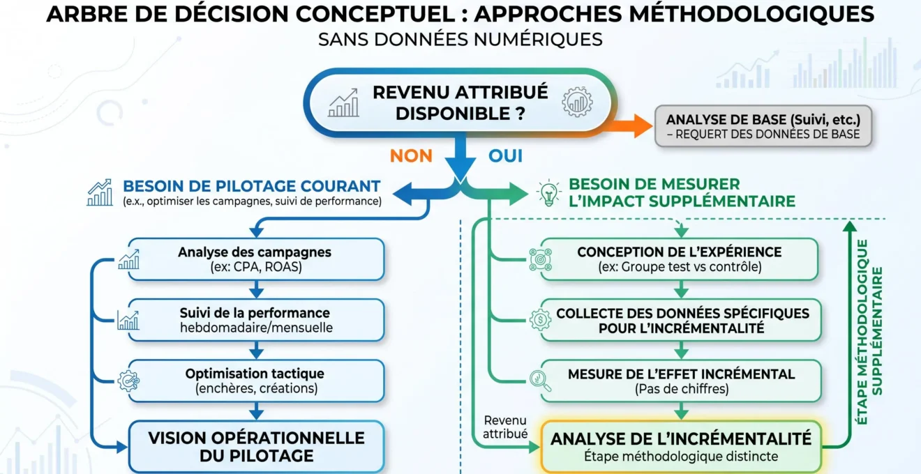 Arbre de décision distinguant attribution analytique et impact incrémental du SEO
