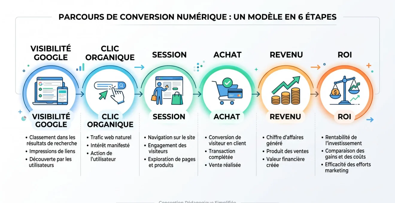 Schéma de la chaîne de mesure reliant visibilité SEO, clics, sessions, achats, revenu et ROI