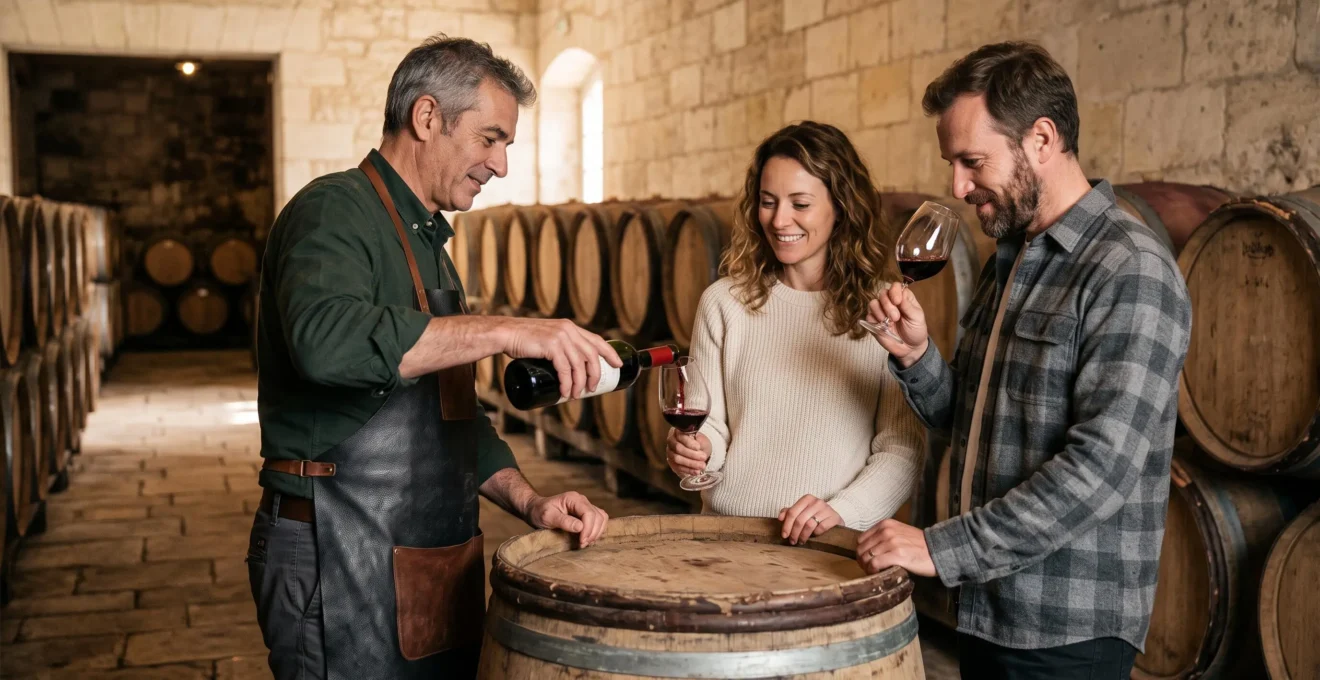 Propriétaire de cave versant du vin à deux visiteurs lors d'une dégustation autour d'un tonneau dans une cave bordelaise