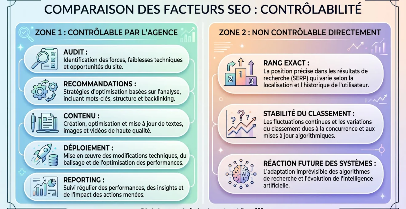 Comparaison entre engagements contrôlables d'une agence SEO et position Google non contrôlable directement
