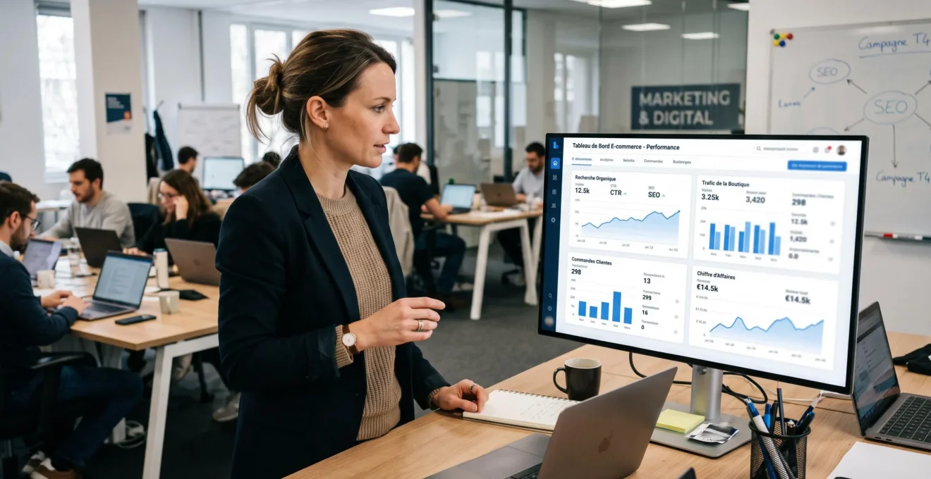 Responsable marketing analysant des données SEO, de trafic et de ventes sur un tableau de bord