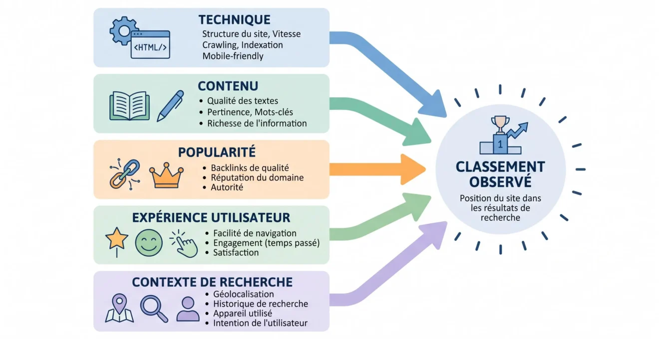 Schéma expliquant que plusieurs signaux influencent le classement Google
