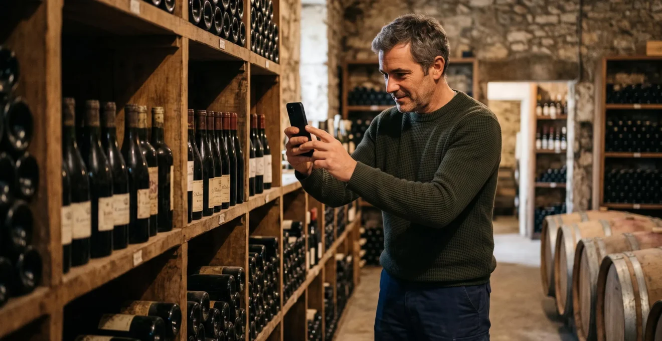 Propriétaire de cave viticole photographiant des bouteilles de vin sur des étagères en bois avec son smartphone