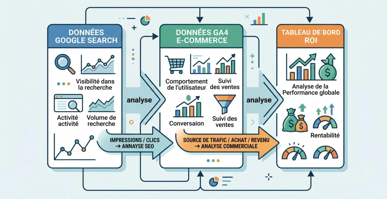 Schéma reliant Search Console, Google Analytics 4 et les données de ventes