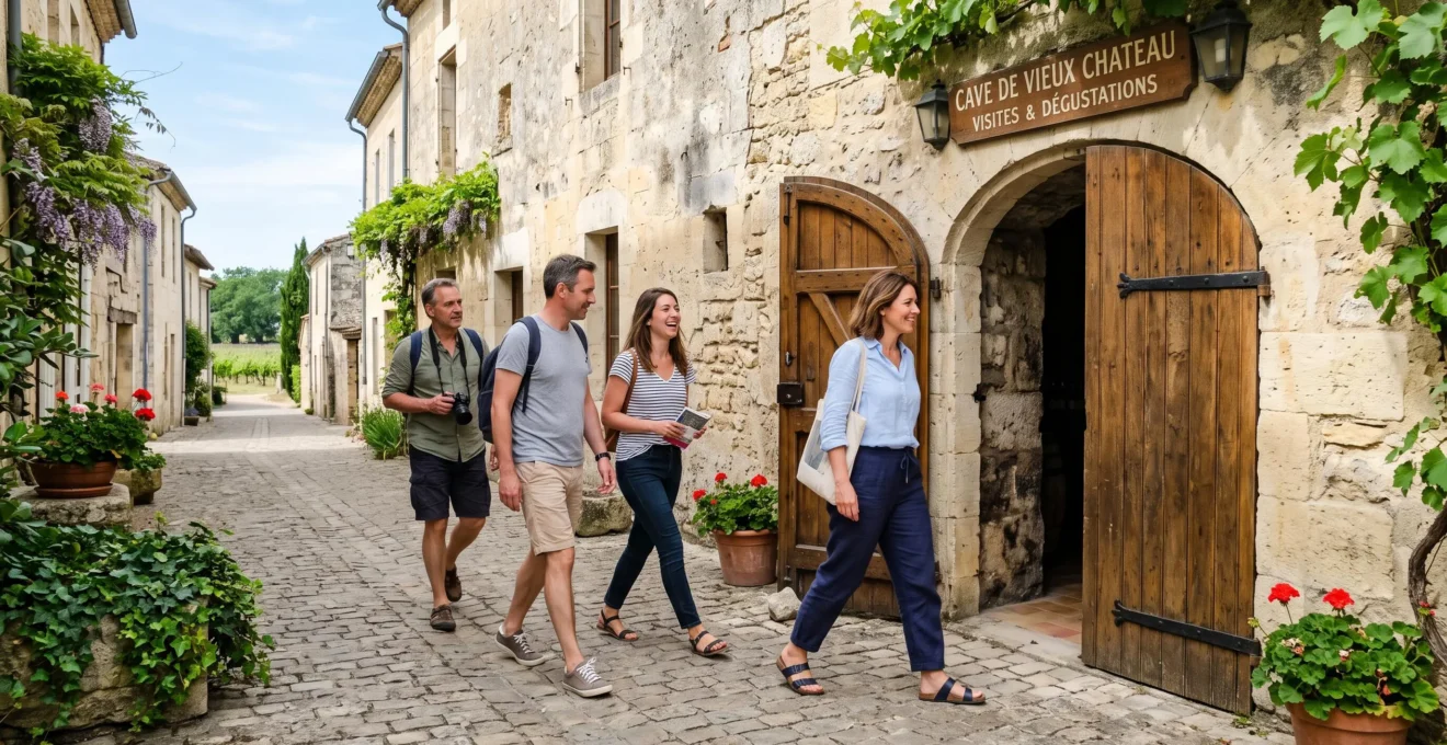 Groupe de touristes arrivant et entrant dans une cave viticole bordelaise en pierre blonde par temps ensoleillé